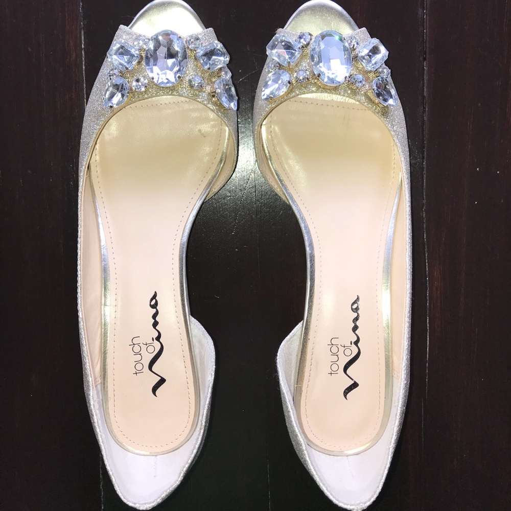 Glitter peep toe wedges with jewels